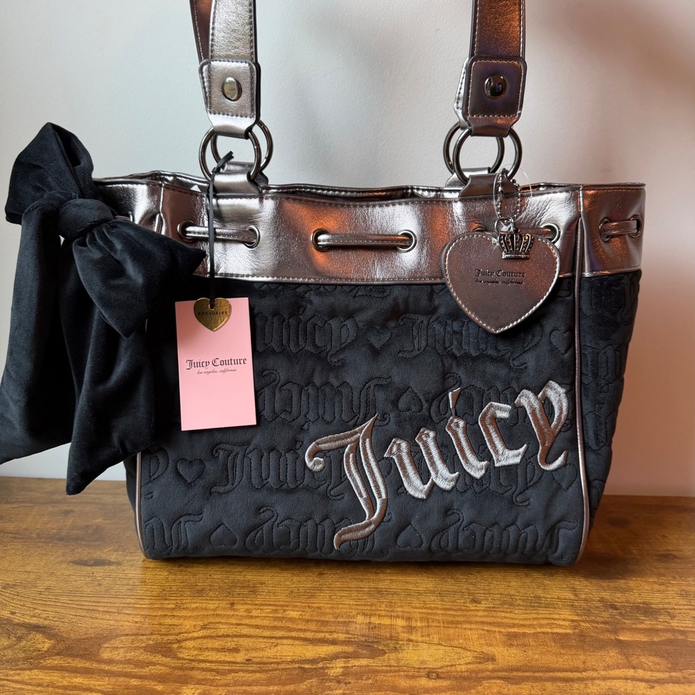 New Juicy Couture Vintage Dreams Tote Daydreamer Black Metallic Viral Handbag